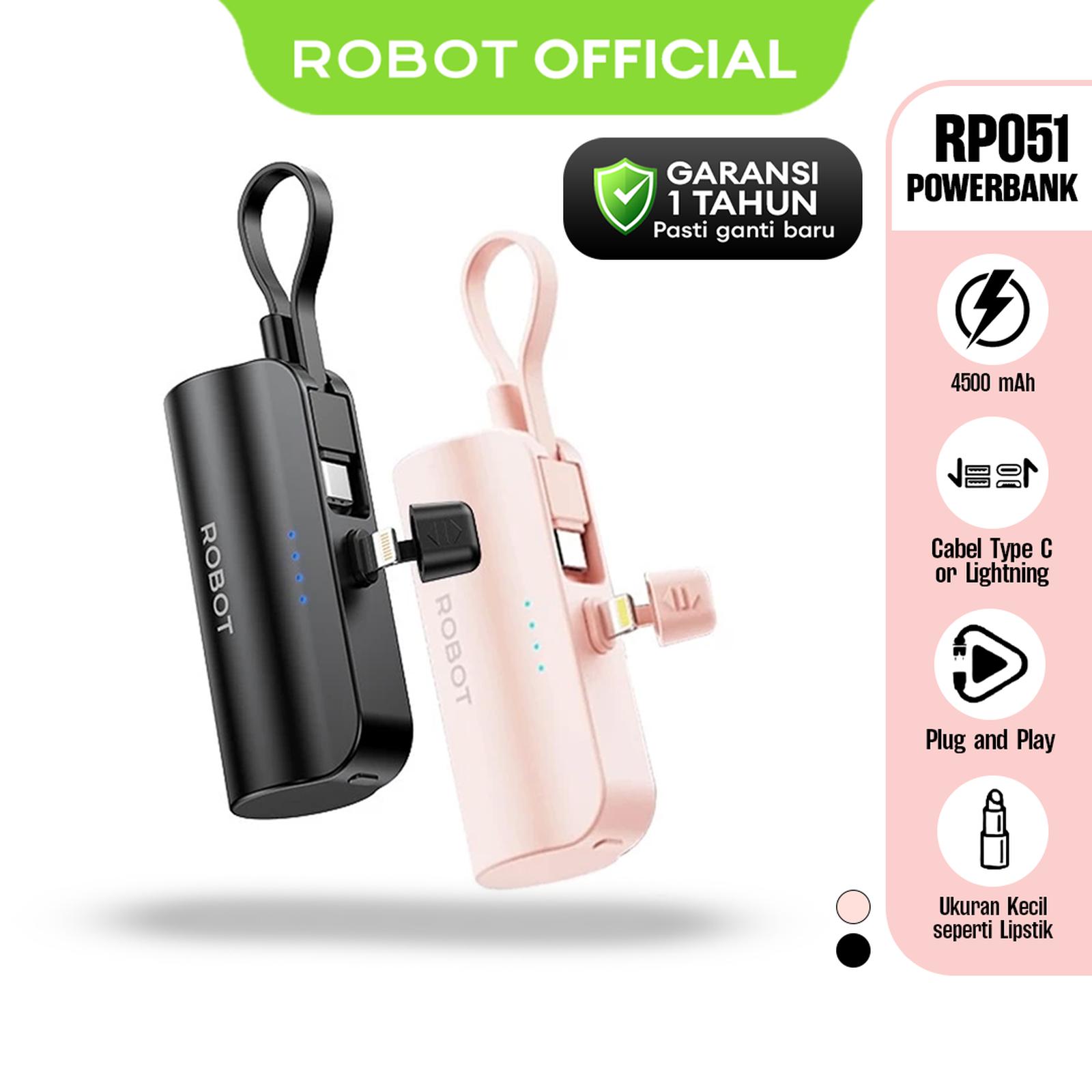 Robot Mini Powerbank RP-051L /RP-051C (Black and Pink) Port Type-C Lightning Travel Size Garansi 1 Tah…