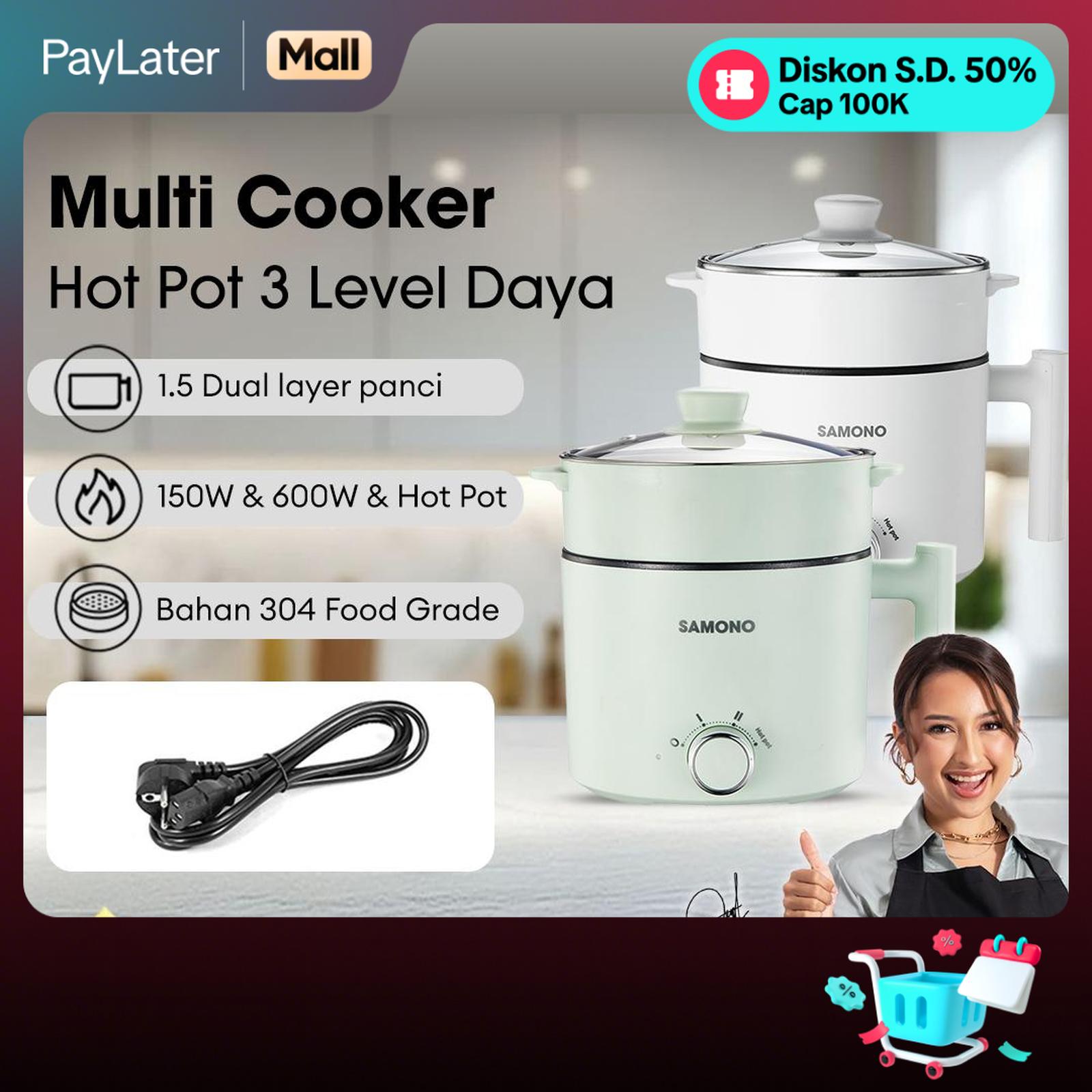 (SALE 6.6) Samono Panci Listrik Hotpot Multi Cooker 1,5L Dengan Kukusan Tutup Kaca 150 Watt (SW-DG04S)…