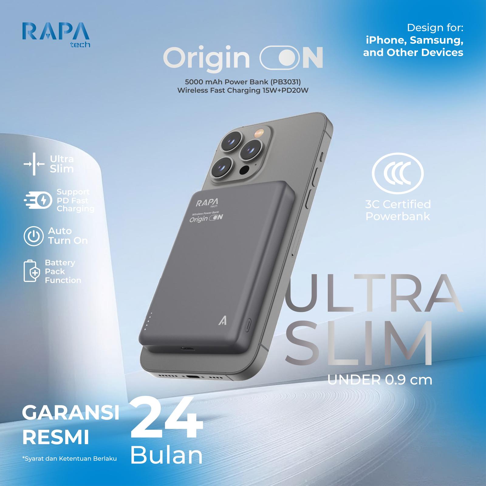 RAPAtech Powerbank Origin On 10000 mAh / 5000 mAh Wireless Fast Charging 15 W + PD 20W ULTRA SLIM Powe…