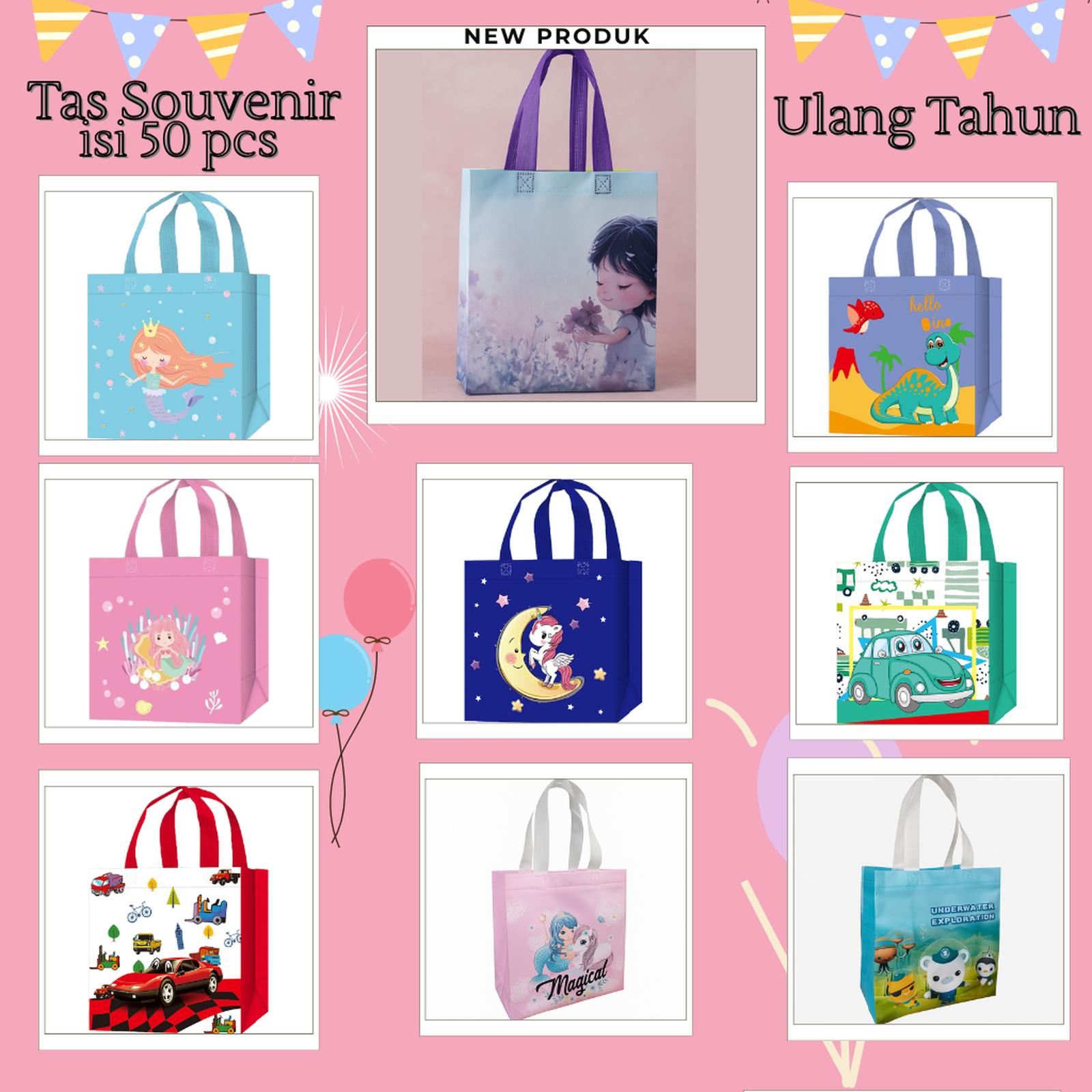 PAKET 50PCS Tas Ulang Tahun Anak Spunbond Karakter Kartun โ Souvenir Waterproof Murah Hadiah - 01 New