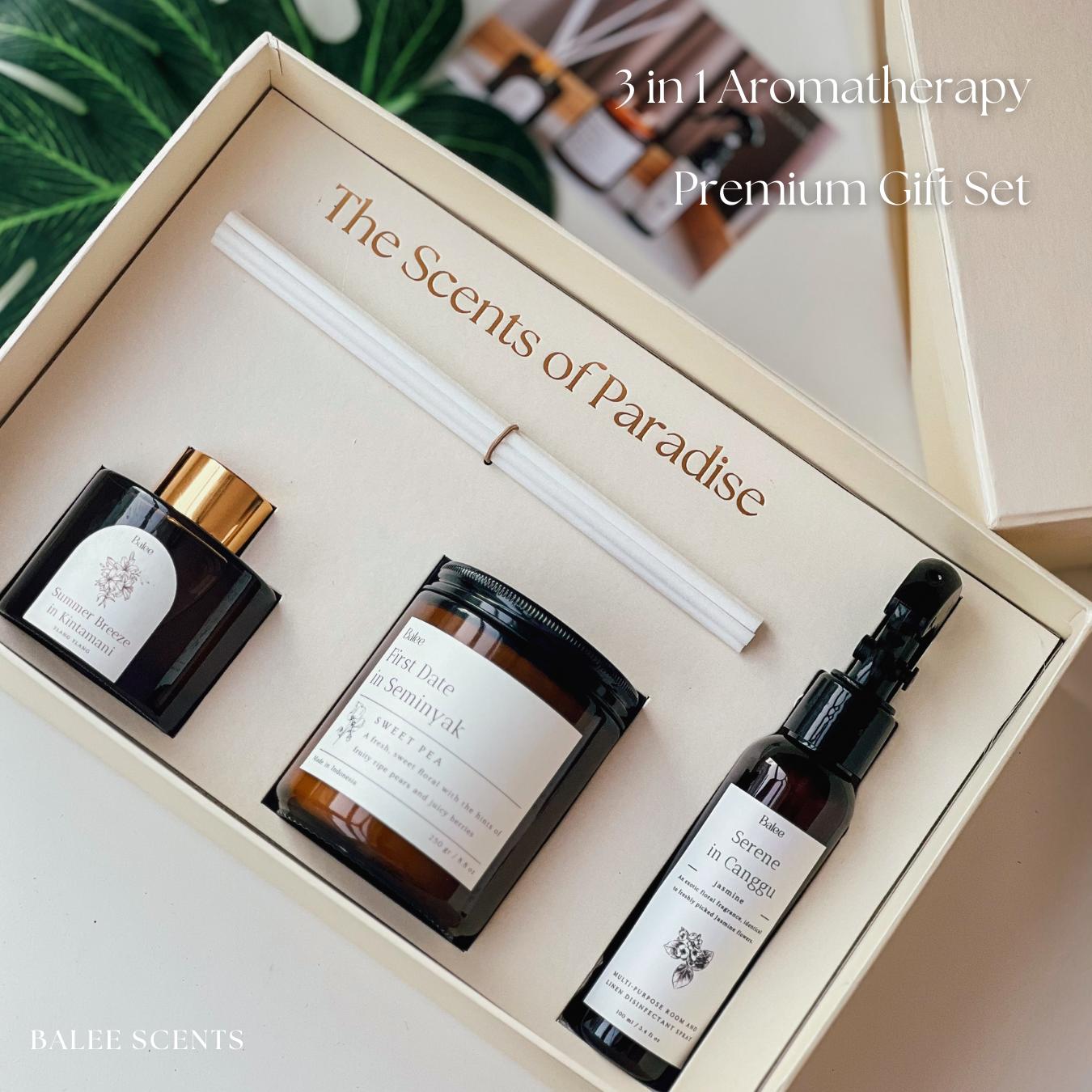 Balee Premium hadiah Set 3 in 1 aromaterapi Candle + Diffuser + Spray / Hampers Premium 3 in 1